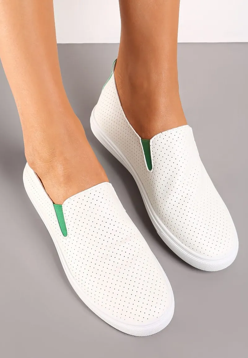 Biało-Zielone Tenisówki z Elastycznymi Wstawkami i Ozdobną Perforacją Qurina
