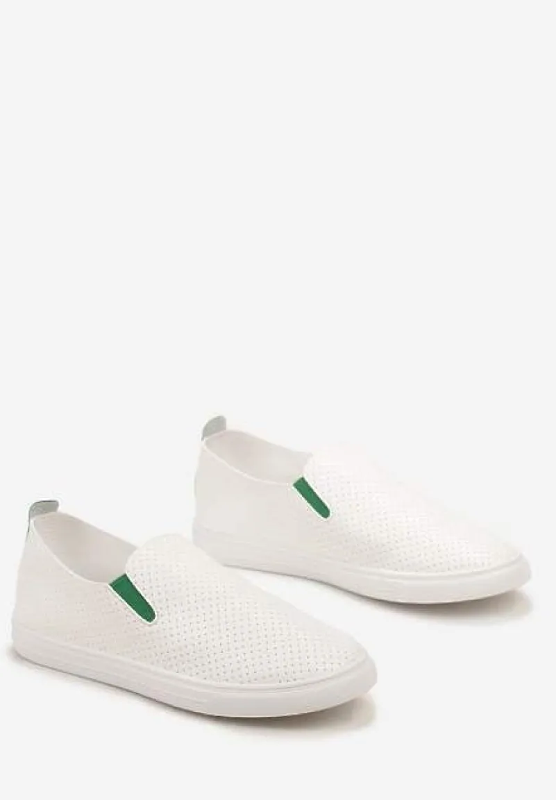 Biało-Zielone Tenisówki z Elastycznymi Wstawkami i Ozdobną Perforacją Qurina