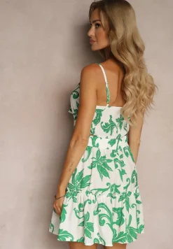 Biało-Zielony Komplet Top na Ramiączkach z Wiązaniem Spódnica w Kwiaty z Falbanką Tiamalita