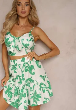 Biało-Zielony Komplet Top na Ramiączkach z Wiązaniem Spódnica w Kwiaty z Falbanką Tiamalita