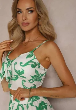 Biało-Zielony Komplet Top na Ramiączkach z Wiązaniem Spódnica w Kwiaty z Falbanką Tiamalita