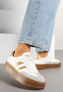 Biało-Złote Klasyczne Sneakersy Tenisówki na Niskiej Platformie Denirla