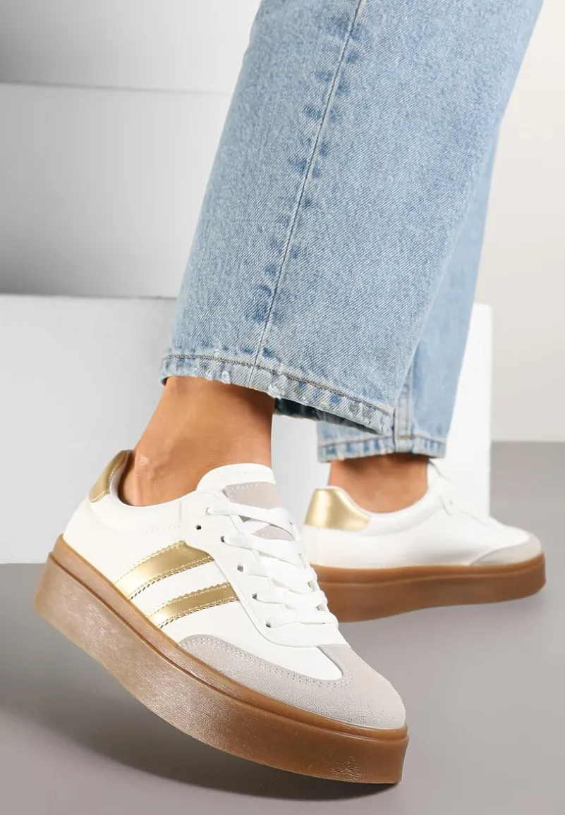 Biało-Złote Klasyczne Sneakersy Tenisówki na Niskiej Platformie Denirla