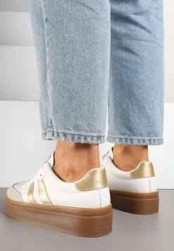 Biało-Złote Klasyczne Sneakersy Tenisówki na Niskiej Platformie Denirla