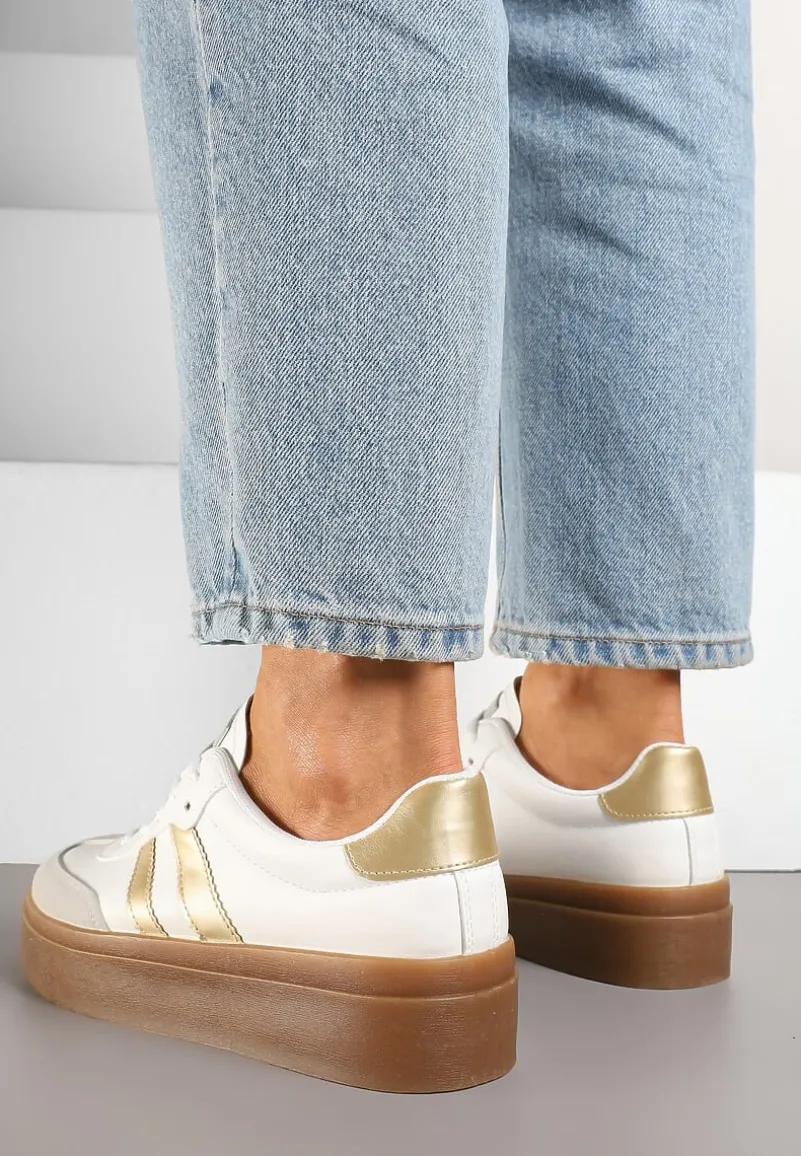 Biało-Złote Klasyczne Sneakersy Tenisówki na Niskiej Platformie Denirla