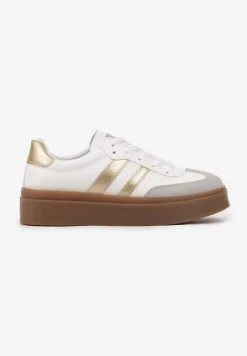 Biało-Złote Klasyczne Sneakersy Tenisówki na Niskiej Platformie Denirla