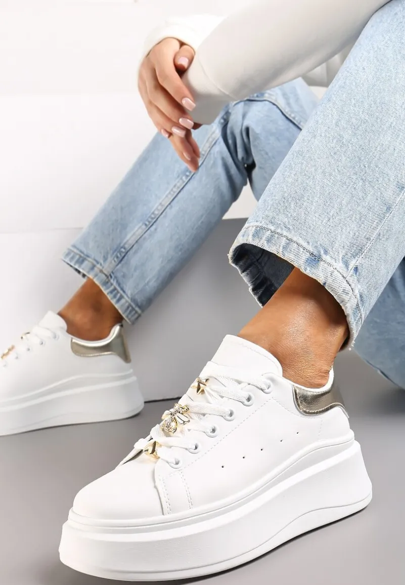 Biało-Złote Sneakersy na Grubej Podeszwie Celessi
