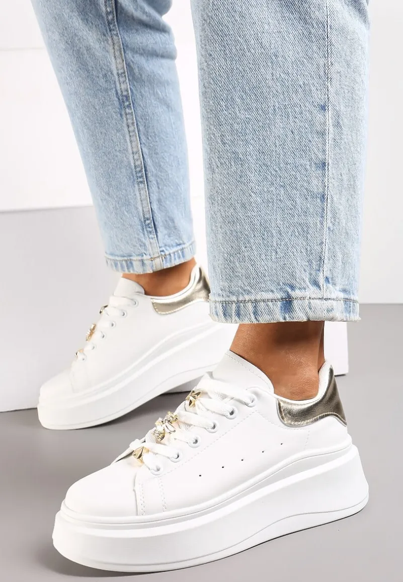 Biało-Złote Sneakersy na Grubej Podeszwie Celessi