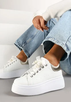 Biało-Złote Sneakersy na Platformie z Ozdobnymi Cyrkoniami Aviriel