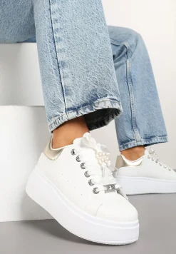 Biało-Złote Sneakersy na Platformie z Ozdobnymi Cyrkoniami Aviriel