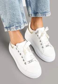 Biało-Złote Sneakersy na Platformie z Ozdobnymi Cyrkoniami Aviriel