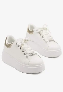 Biało-Złote Sneakersy na Platformie z Ozdobnymi Cyrkoniami Aviriel