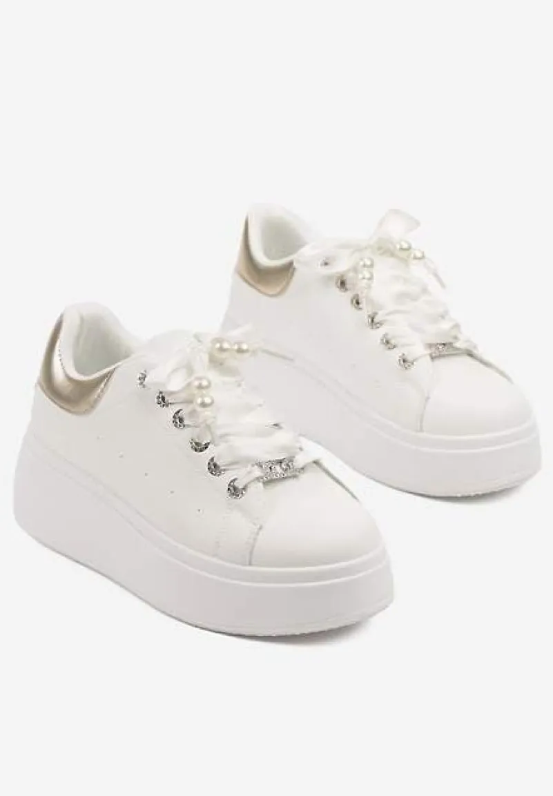 Biało-Złote Sneakersy na Platformie z Ozdobnymi Cyrkoniami Aviriel