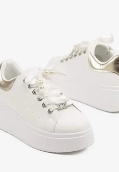 Biało-Złote Sneakersy na Platformie z Ozdobnymi Cyrkoniami Aviriel