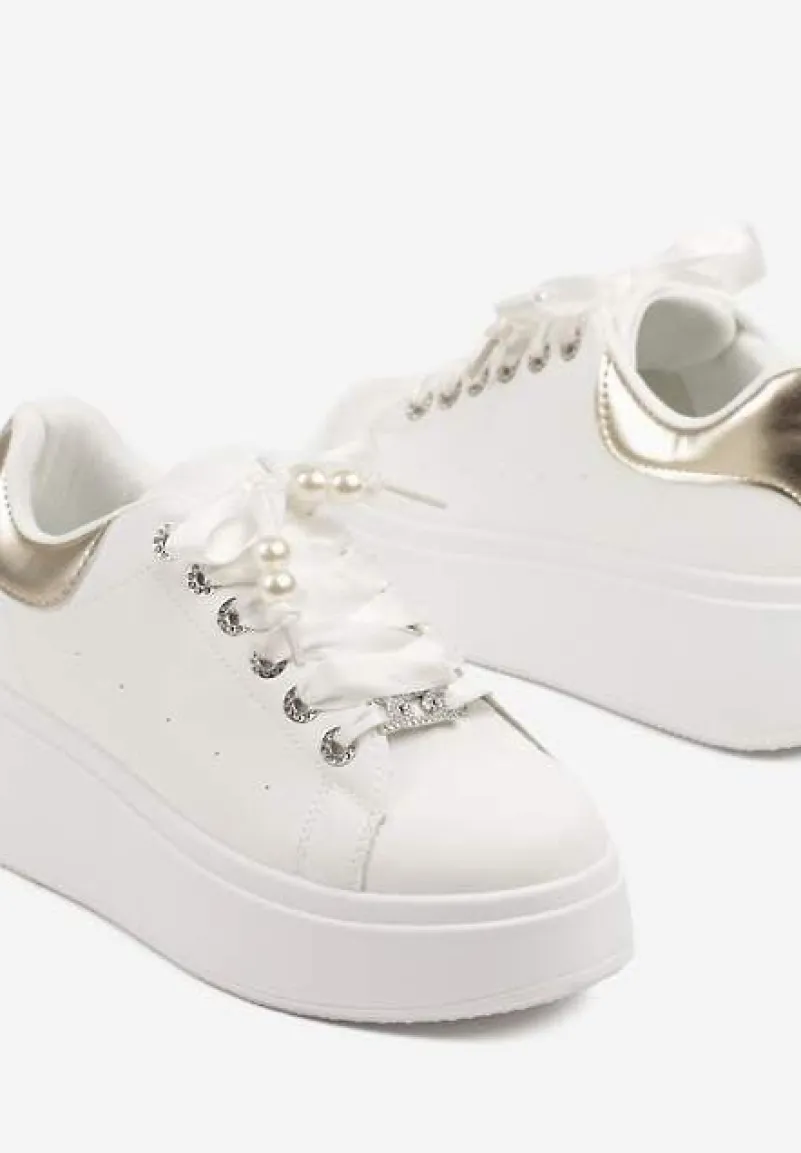 Biało-Złote Sneakersy na Platformie z Ozdobnymi Cyrkoniami Aviriel