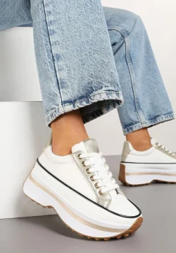 Biało-Złote Sneakersy na Tłoczonej Platformie w Streetwearowym Stylu Hanerith