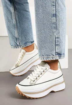 Biało-Złote Sneakersy na Tłoczonej Platformie w Streetwearowym Stylu Hanerith