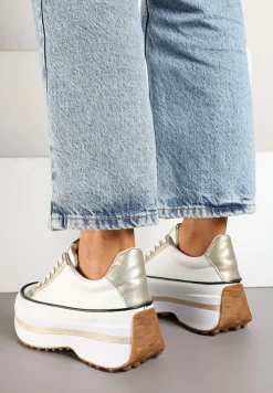 Biało-Złote Sneakersy na Tłoczonej Platformie w Streetwearowym Stylu Hanerith