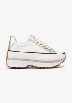 Biało-Złote Sneakersy na Tłoczonej Platformie w Streetwearowym Stylu Hanerith