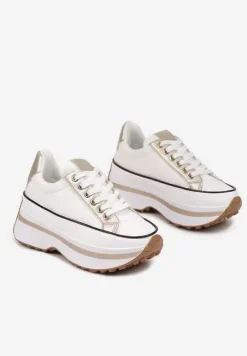 Biało-Złote Sneakersy na Tłoczonej Platformie w Streetwearowym Stylu Hanerith