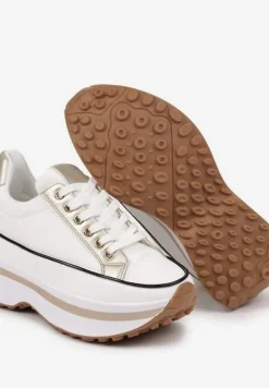 Biało-Złote Sneakersy na Tłoczonej Platformie w Streetwearowym Stylu Hanerith