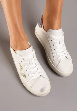 Biało-Złote Sneakersy Sznurowane z Cholewką przed Kostkę z Brokatem Toneri