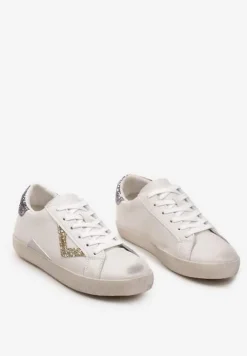 Biało-Złote Sneakersy Sznurowane z Cholewką przed Kostkę z Brokatem Toneri