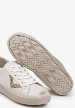 Biało-Złote Sneakersy Sznurowane z Cholewką przed Kostkę z Brokatem Toneri