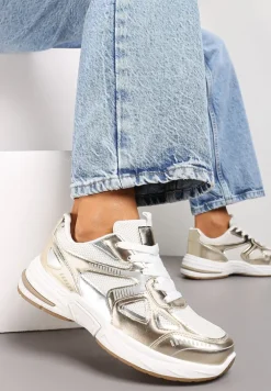 Biało-Złote Sneakersy ze Wstawkami z Ekoskóry na Grubej Podeszwie Elperna
