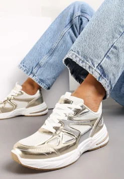 Biało-Złote Sneakersy ze Wstawkami z Ekoskóry na Grubej Podeszwie Elperna