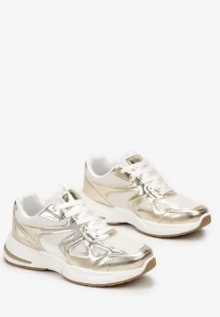 Biało-Złote Sneakersy ze Wstawkami z Ekoskóry na Grubej Podeszwie Elperna