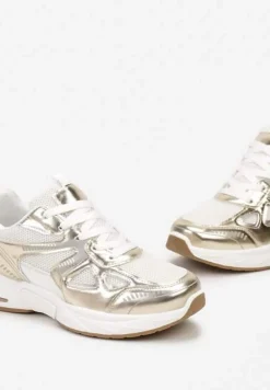 Biało-Złote Sneakersy ze Wstawkami z Ekoskóry na Grubej Podeszwie Elperna