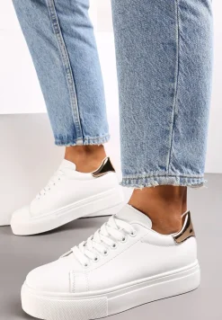 Biało-Złote Sznurowane Sneakersy z Cholewką przed Kostkę Narelina