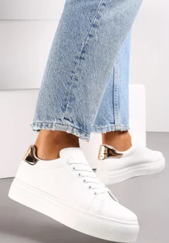 Biało-Złote Sznurowane Sneakersy z Cholewką przed Kostkę Narelina