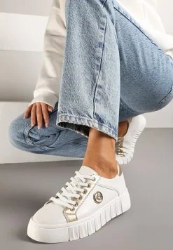 Biało-Złote Sznurowane Sneakersy Vices na Platformie z Tłoczeniem i Metaliczną Aplikacją Lavfedi