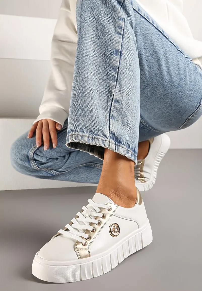Biało-Złote Sznurowane Sneakersy Vices na Platformie z Tłoczeniem i Metaliczną Aplikacją Lavfedi