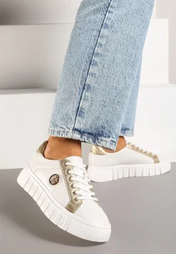 Biało-Złote Sznurowane Sneakersy Vices na Platformie z Tłoczeniem i Metaliczną Aplikacją Lavfedi