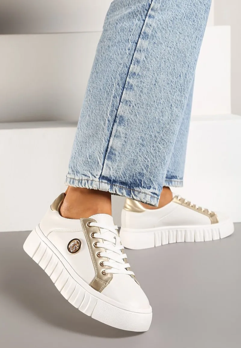 Biało-Złote Sznurowane Sneakersy Vices na Platformie z Tłoczeniem i Metaliczną Aplikacją Lavfedi