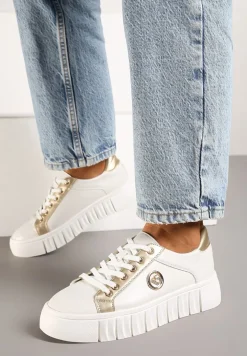 Biało-Złote Sznurowane Sneakersy Vices na Platformie z Tłoczeniem i Metaliczną Aplikacją Lavfedi