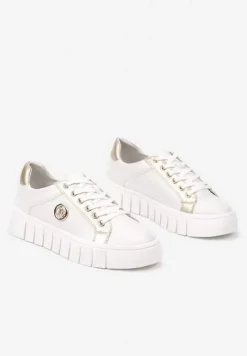 Biało-Złote Sznurowane Sneakersy Vices na Platformie z Tłoczeniem i Metaliczną Aplikacją Lavfedi