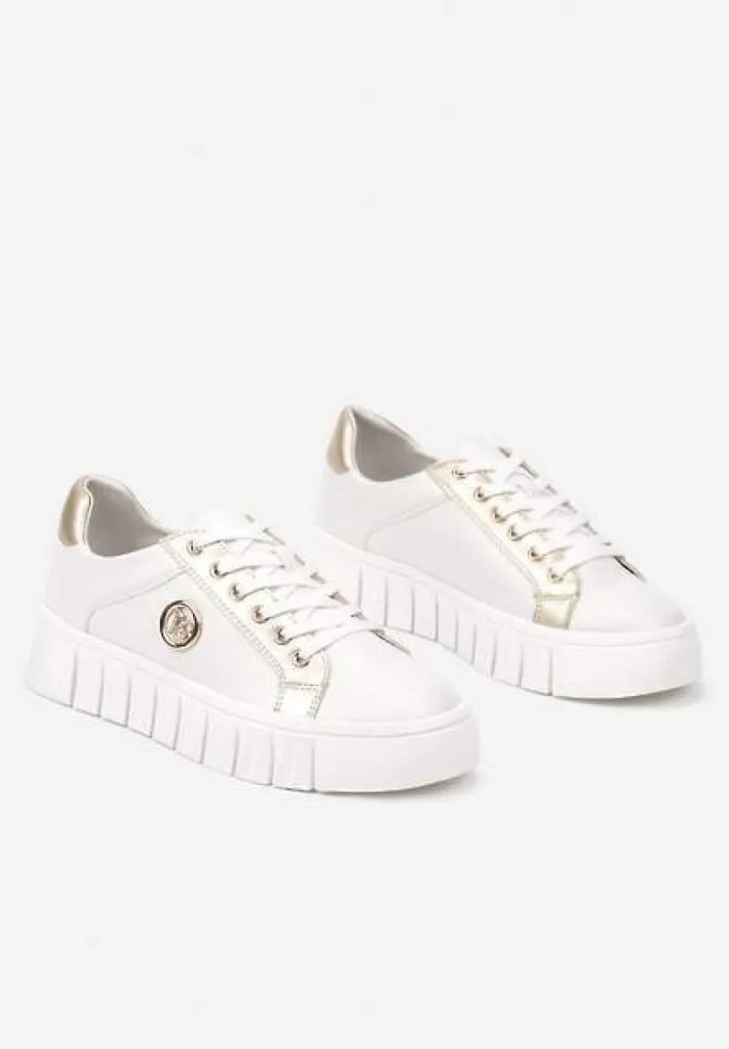 Biało-Złote Sznurowane Sneakersy Vices na Platformie z Tłoczeniem i Metaliczną Aplikacją Lavfedi