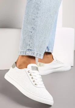 Biało-Złote Tenisówki ze Skóry ze Wstawkami z Brokatu Klerioa