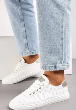 Biało-Złote Tenisówki ze Skóry ze Wstawkami z Brokatu Klerioa