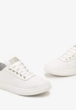 Biało-Złote Tenisówki ze Skóry ze Wstawkami z Brokatu Klerioa