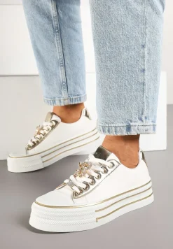 Biało-Złote Trampki na Platformie z Ozdobną Aplikacją w Kształcie Motyla Haniriel