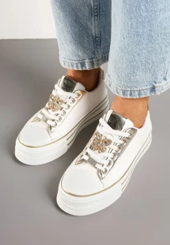 Biało-Złote Trampki na Platformie z Ozdobną Aplikacją w Kształcie Motyla Haniriel