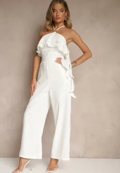 Biały Asymetryczny Kombinezon Ozdobiony Metaliczną Aplikacją Tilfina