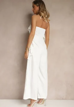 Biały Asymetryczny Kombinezon Ozdobiony Metaliczną Aplikacją Tilfina