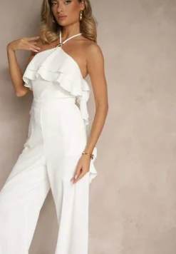 Biały Asymetryczny Kombinezon Ozdobiony Metaliczną Aplikacją Tilfina