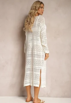 Biały Ażurowy Kardigan Boho Narzutka za Kolano Tavalia